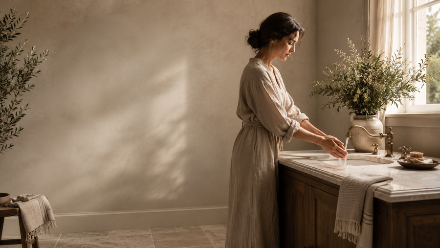 Woman washing her hands at a brass tap in a softly lit British country-house bathroom.
