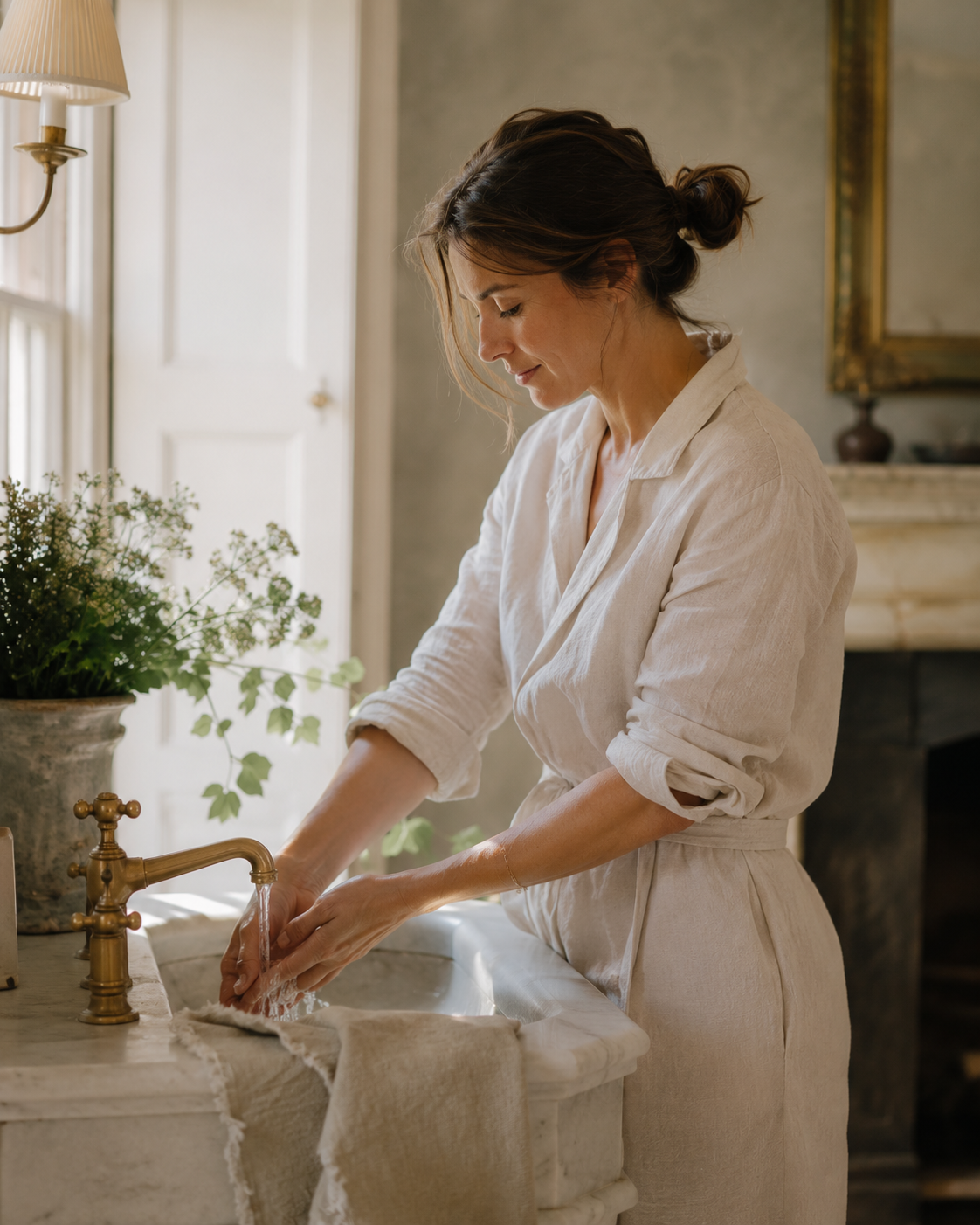 Woman in a linen robe washing her hands at a brass tap in a softly lit British country-house bathroom.