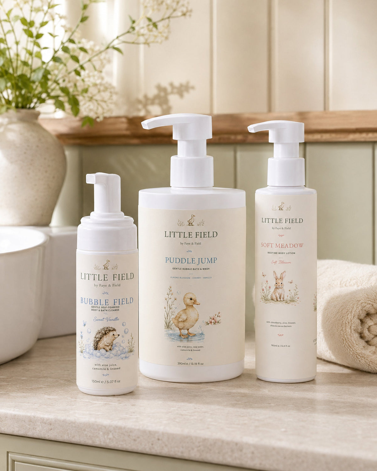 Little Fields Puddle Jump, Bubble Field and Soft Meadow products arranged in a calm British family bathroom.