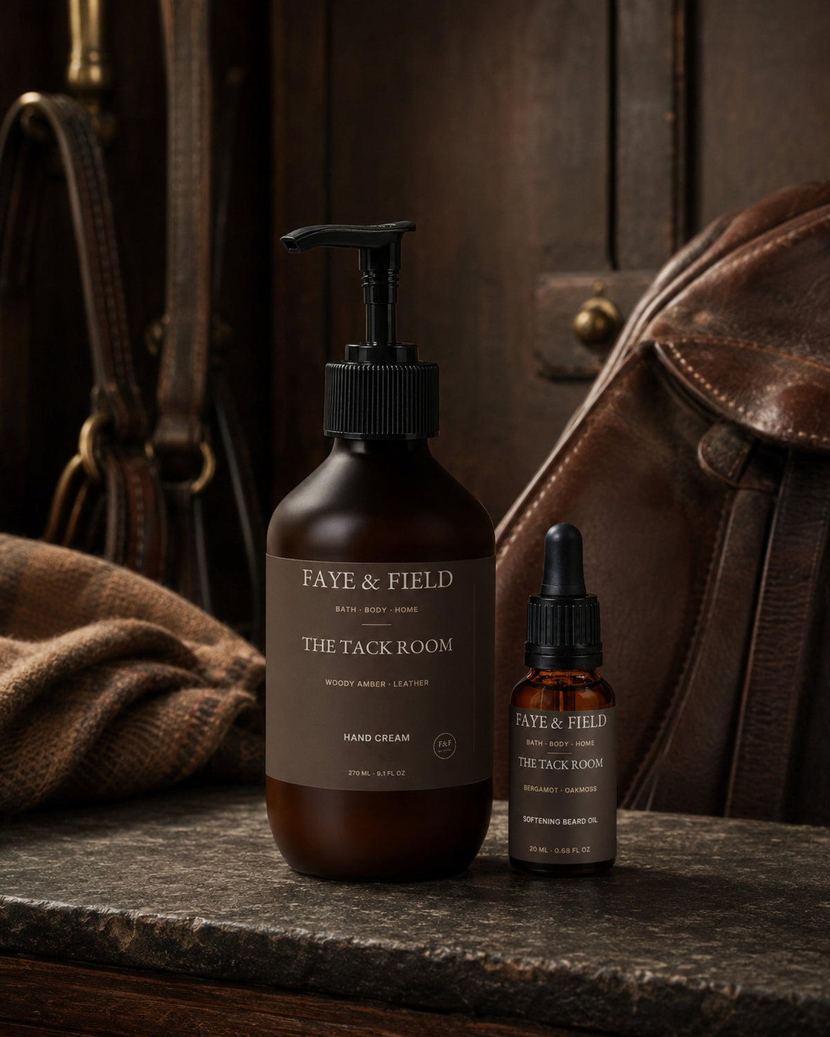 Faye & Field Tack Room hand cream and beard oil displayed in a dark oak British tack room.